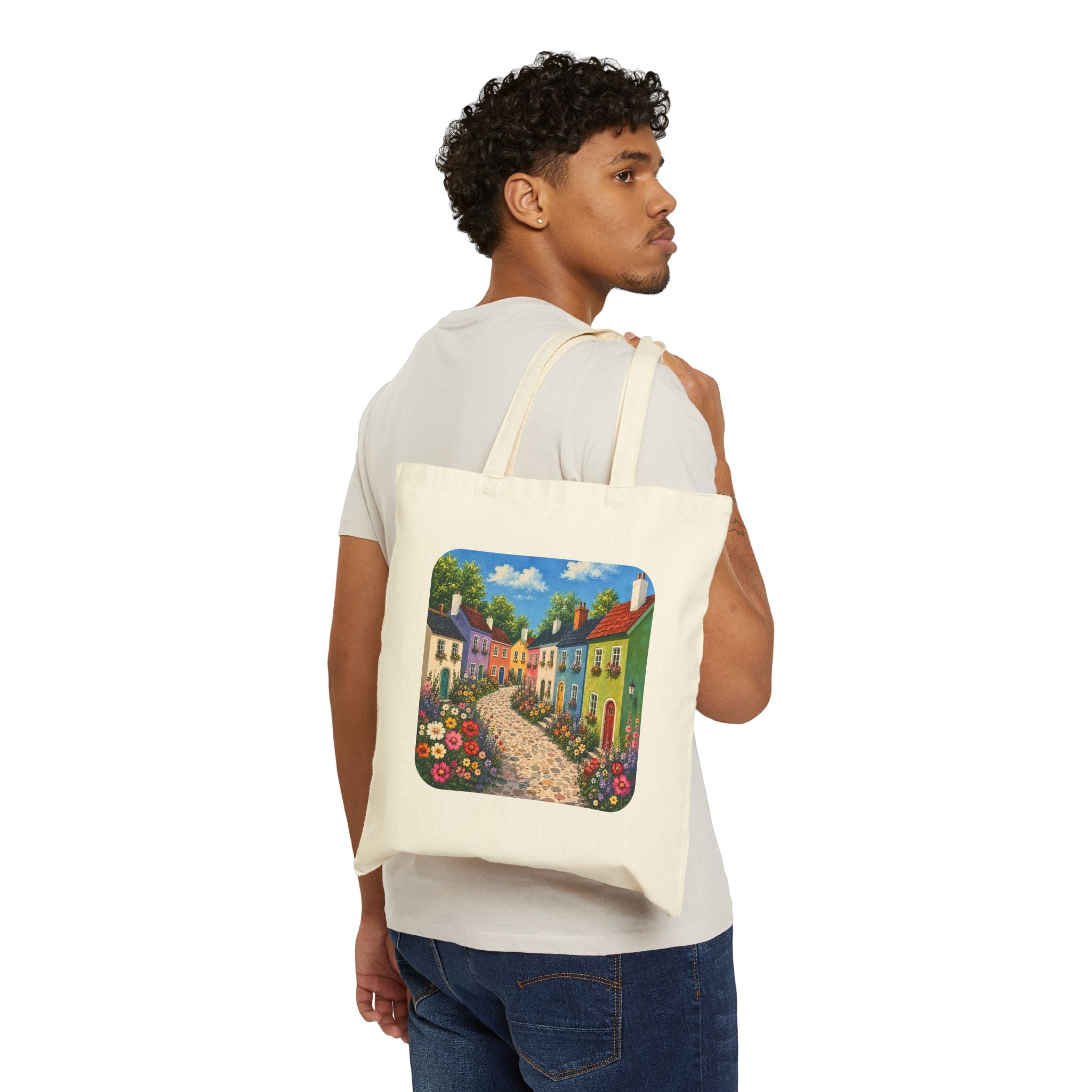 Cottage Lane Canvas Tote — Colorful Village Floral Market Bag
