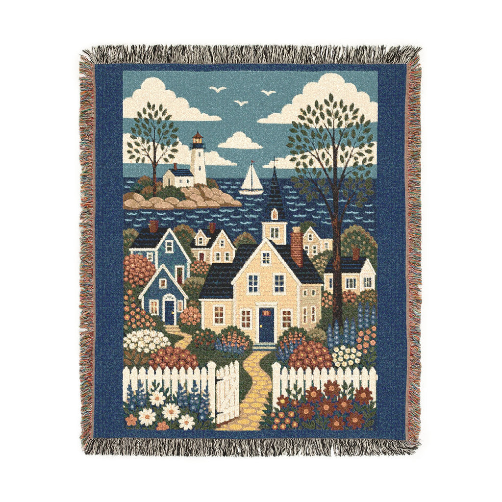 Cozy Cottage Woven Throw Blanket — Scenic Seaside Village Tapestry Design