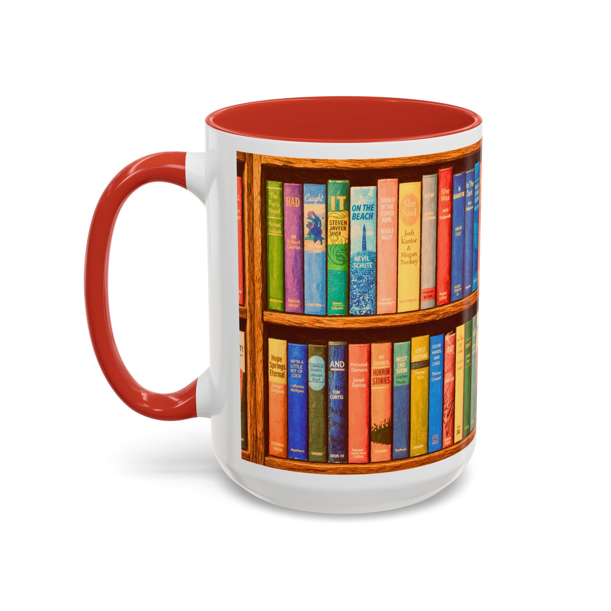 Booklover Accent Coffee Mug – Colorful Bookshelf Design (15 oz)