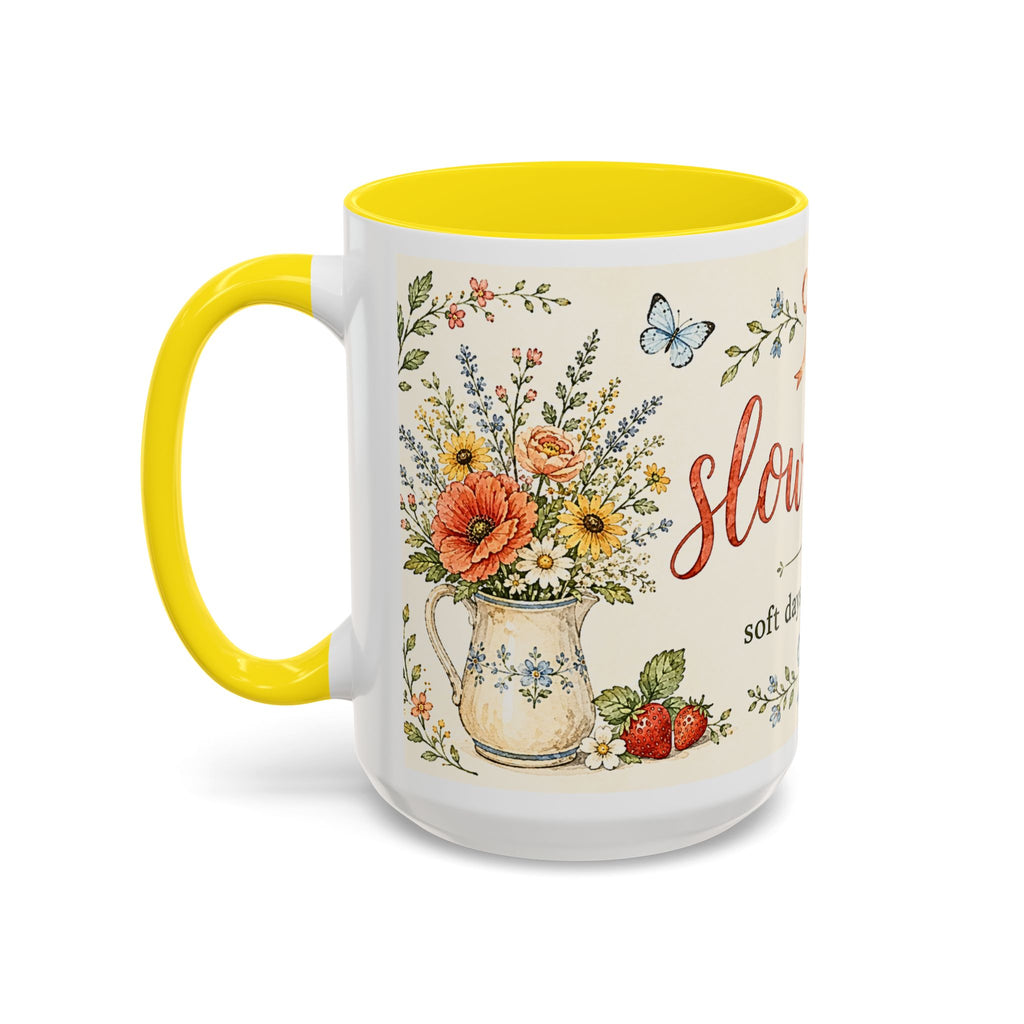 Slow Living Coffee Mug — "soft days, simple joys" Floral Accent Mug