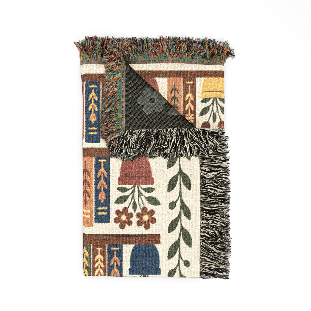 Library Bookcase with Cat Woven Throw Blanket — Cozy Reading Room Decor