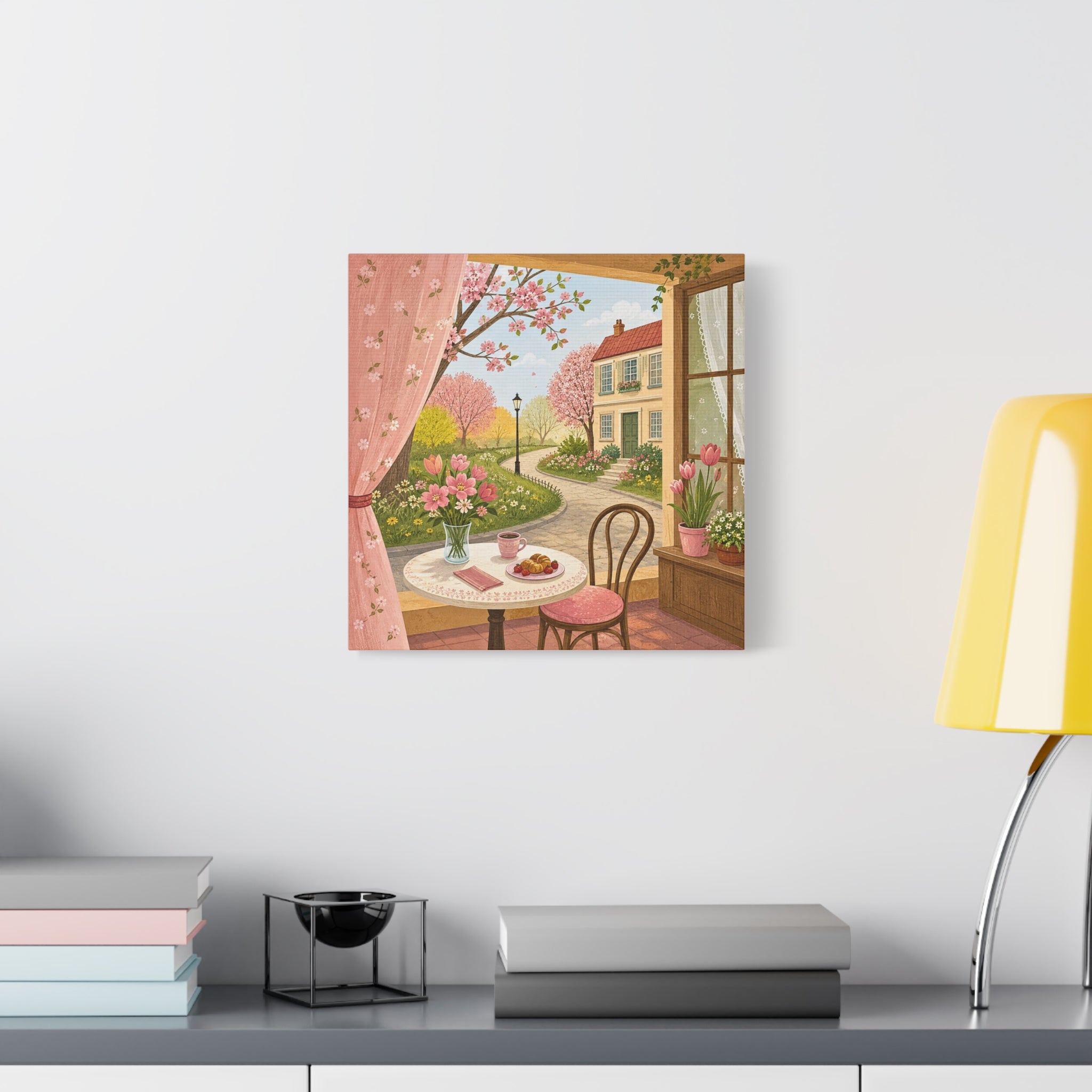 Spring Cottage Café Canvas Wall Art — Cozy Window Scene with Flowers and Pastries