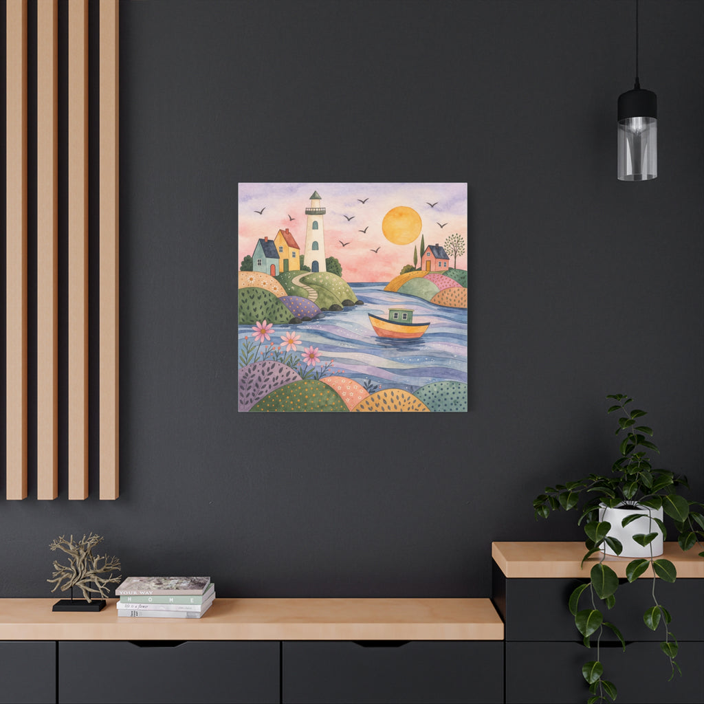 Coastal Lighthouse Art Canvas - Whimsical Seaside Watercolor Wall Decor