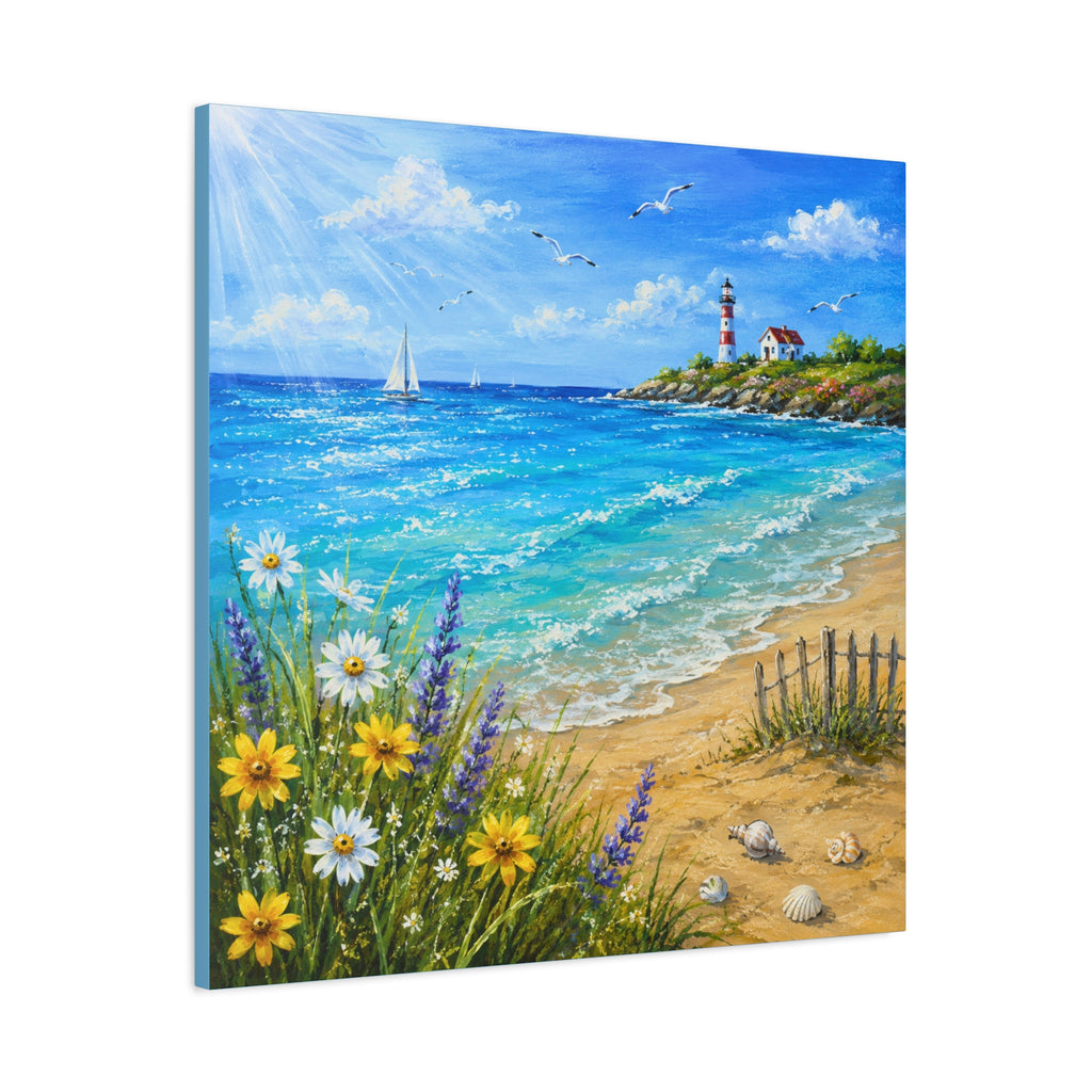 Coastal Lighthouse Beach Canvas Print — Seaside Floral Wall Art (Matte Stretched)