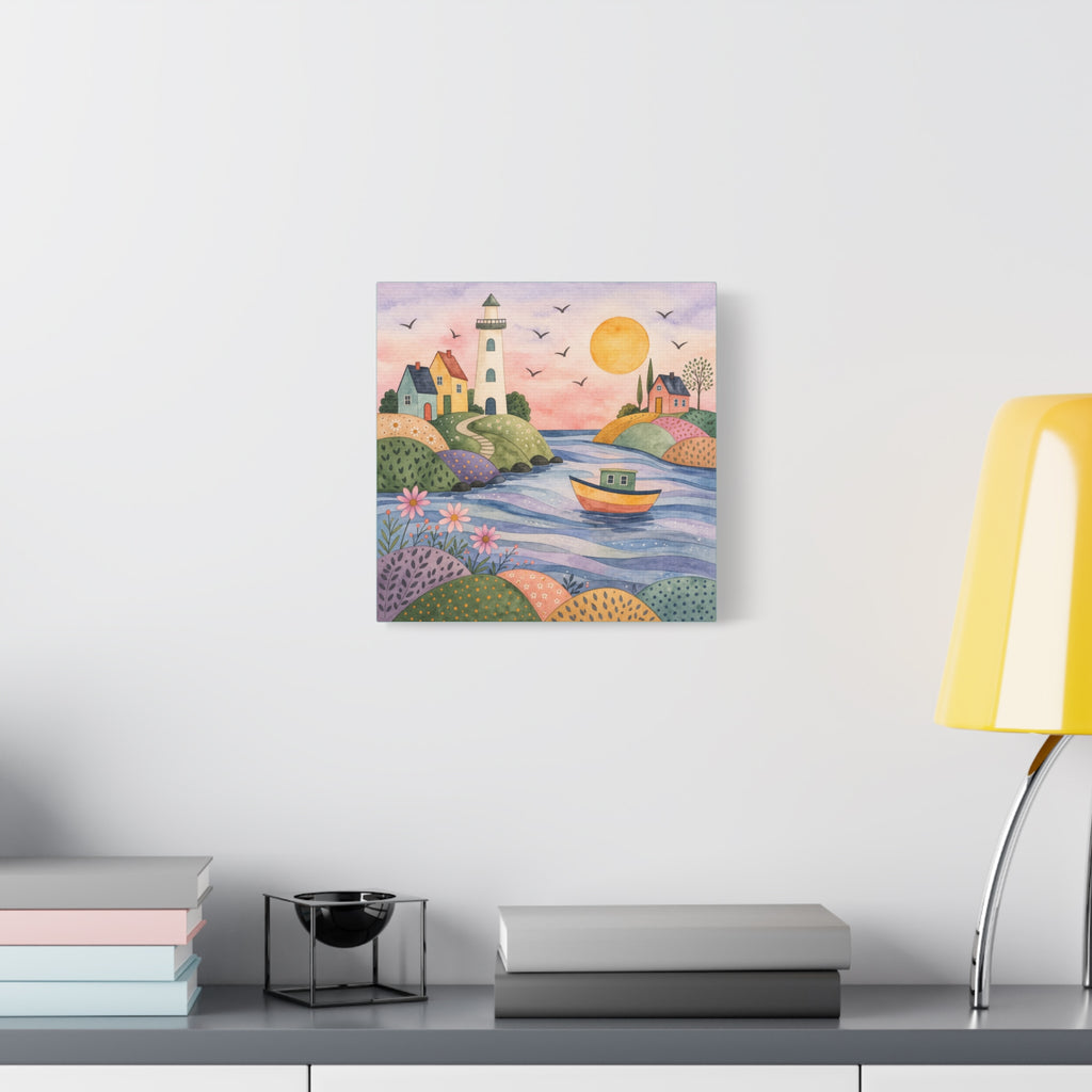 Coastal Lighthouse Art Canvas - Whimsical Seaside Watercolor Wall Decor