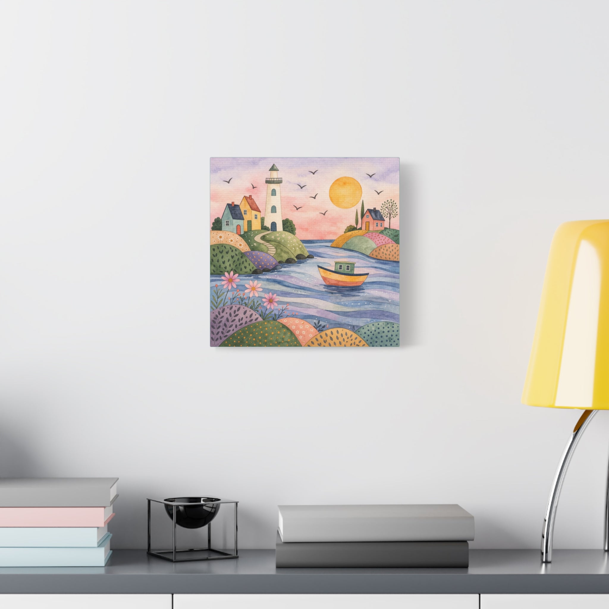 Coastal Lighthouse Art Canvas - Whimsical Seaside Watercolor Wall Decor