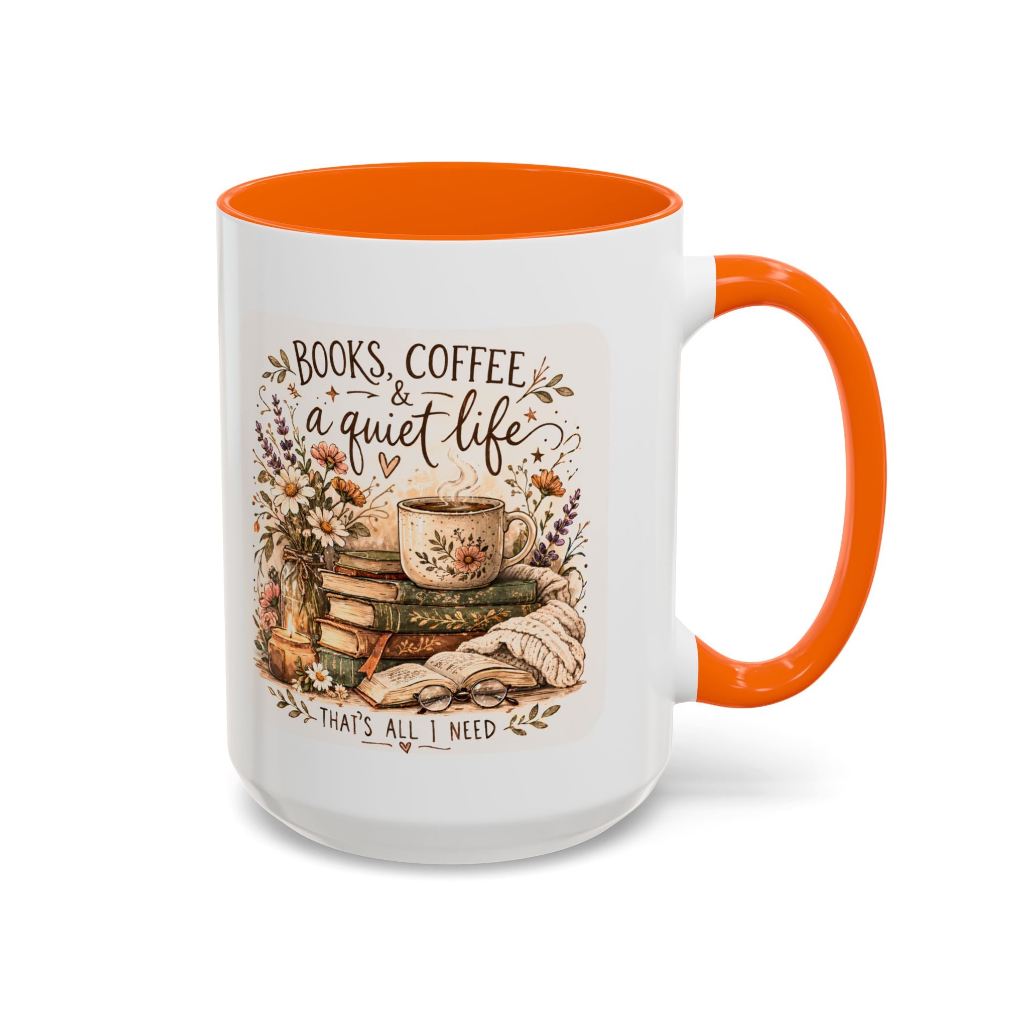 Books, Coffee & A Quiet Life Accent Coffee Mug — Cozy Literary Tea Cup (11/15oz)