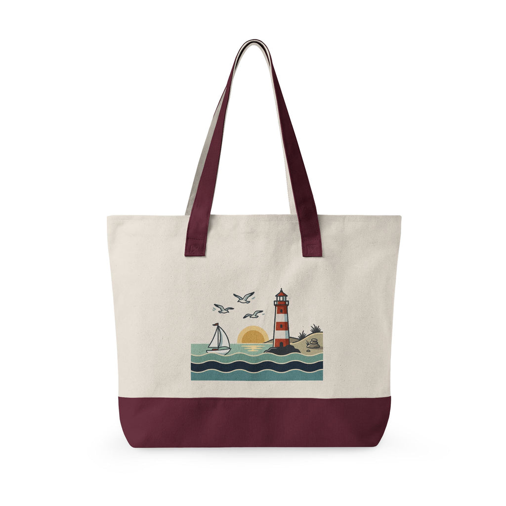 Lighthouse Sunset Canvas Tote Bag — Zippered Beach Tote with Sailboat Design