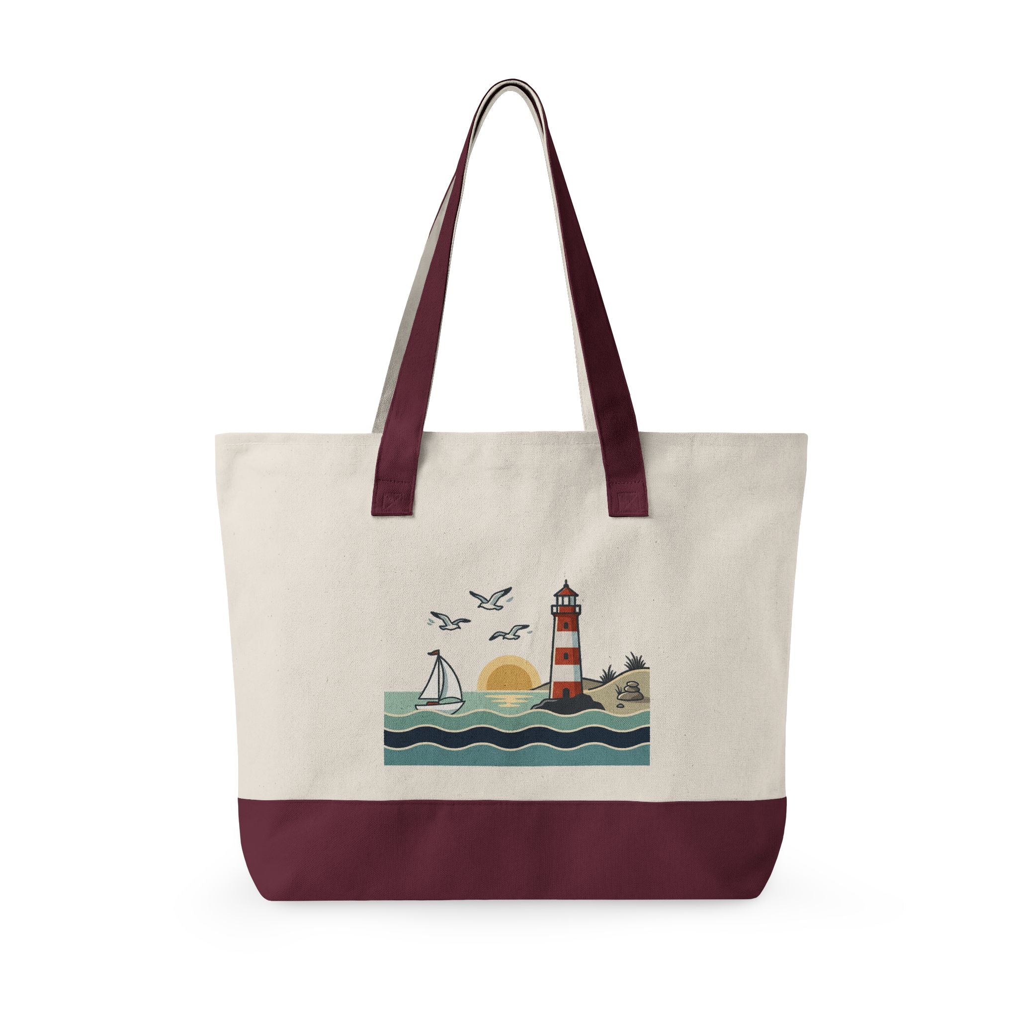 Lighthouse Sunset Canvas Tote Bag — Zippered Beach Tote with Sailboat Design