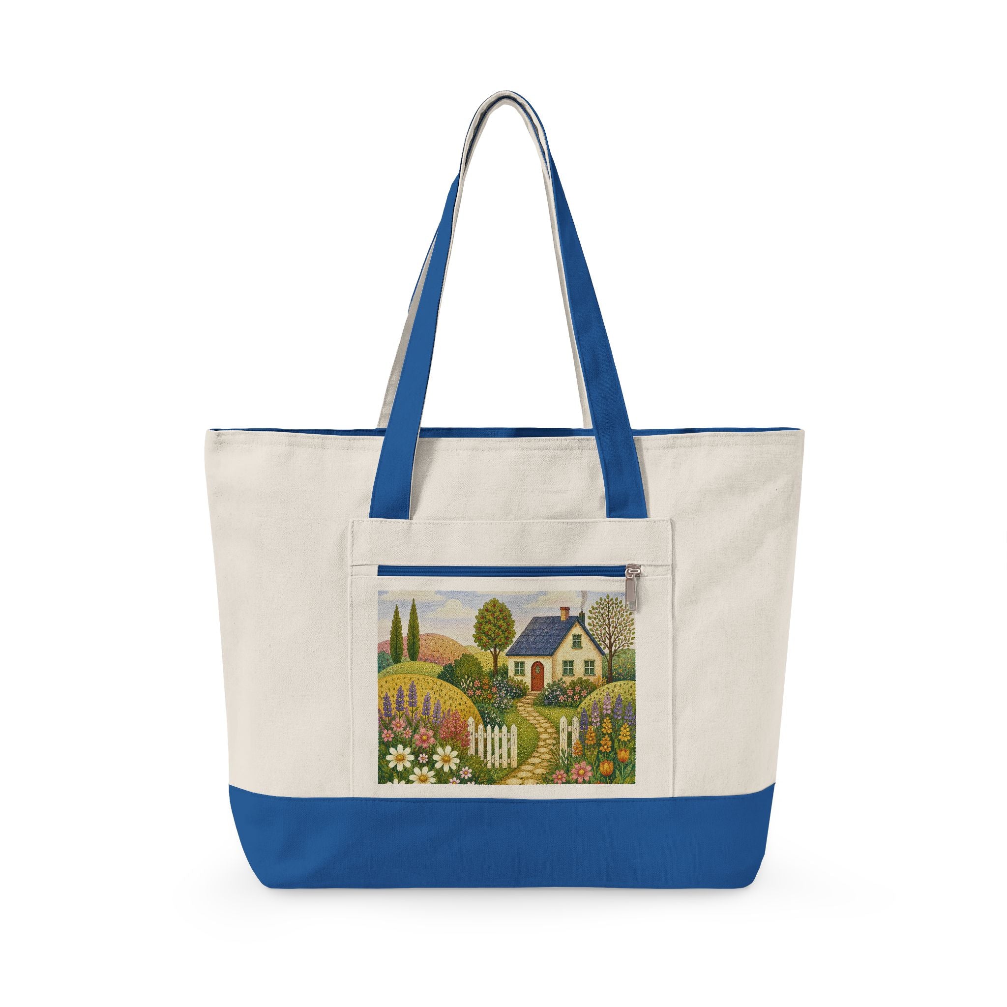 Canvas Tote Bag – Charming Cottage Garden illustration, Zippered Canvas Tote for Market, Beach & Everyday