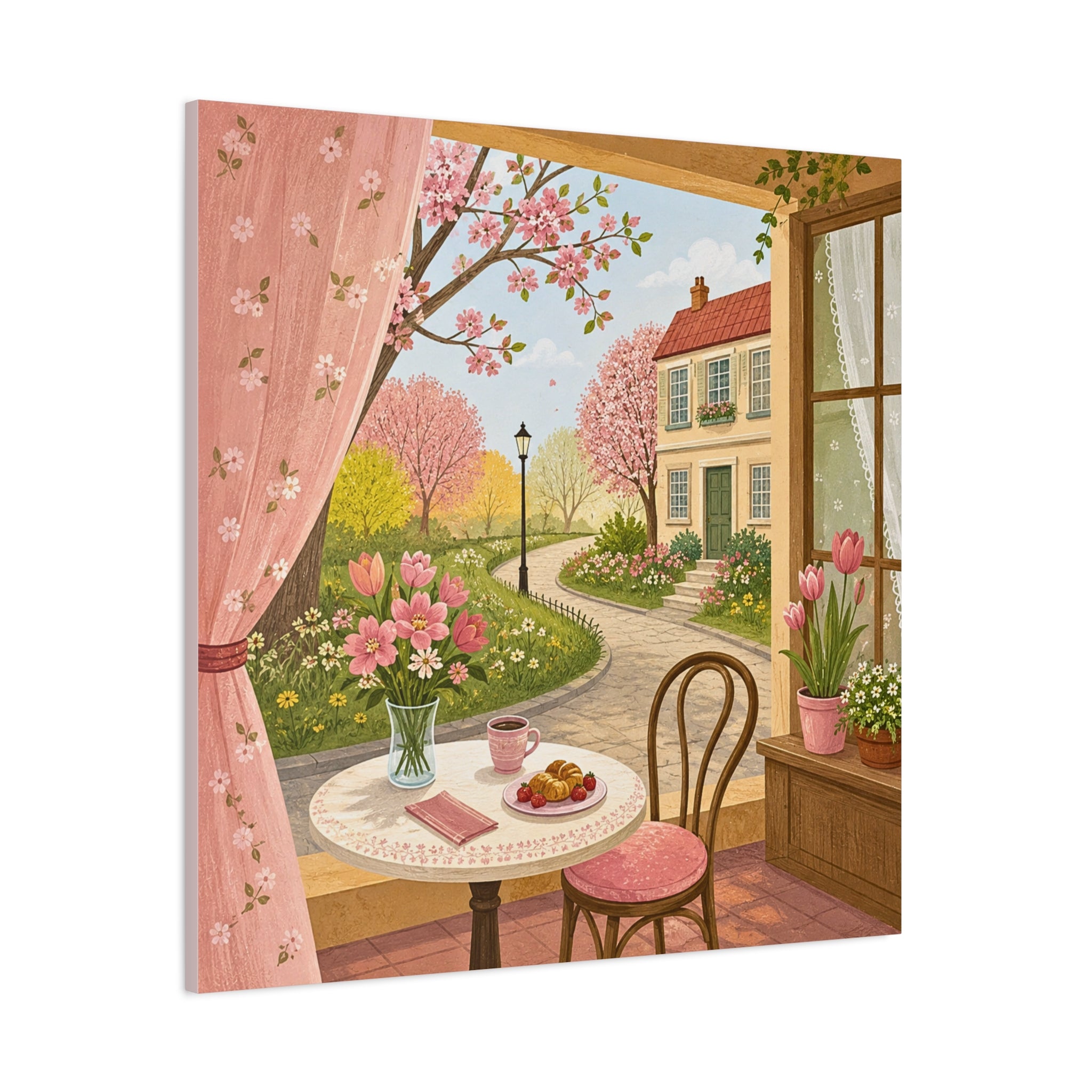 Spring Cottage Café Canvas Wall Art — Cozy Window Scene with Flowers and Pastries