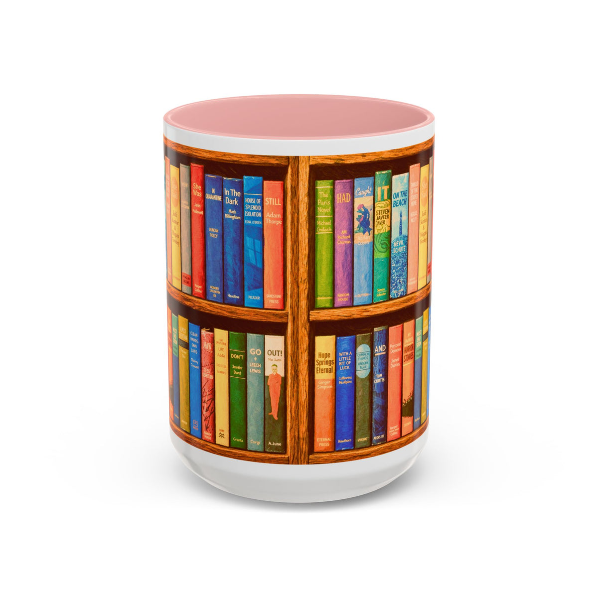 Booklover Accent Coffee Mug – Colorful Bookshelf Design (15 oz)