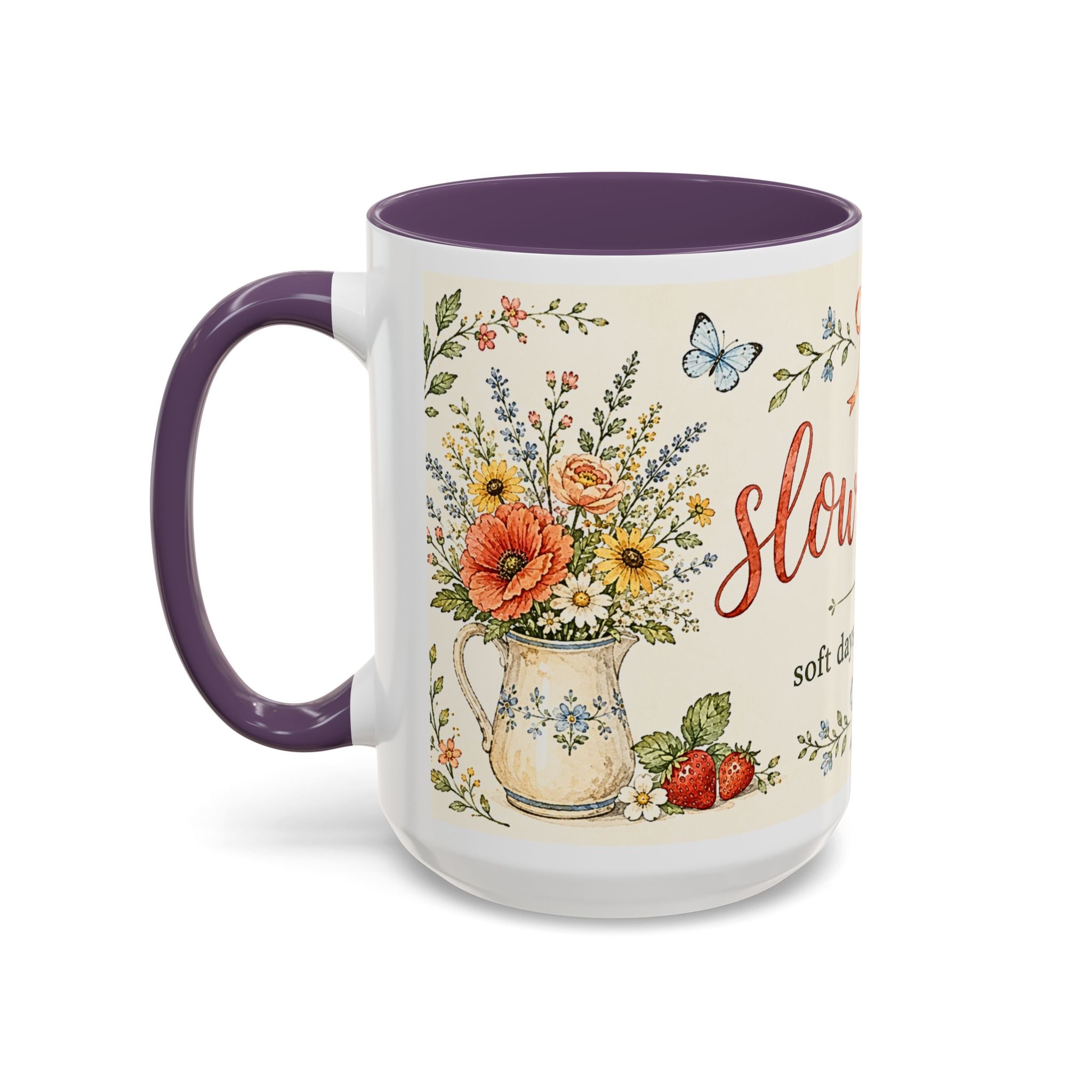 Slow Living Coffee Mug — "soft days, simple joys" Floral Accent Mug