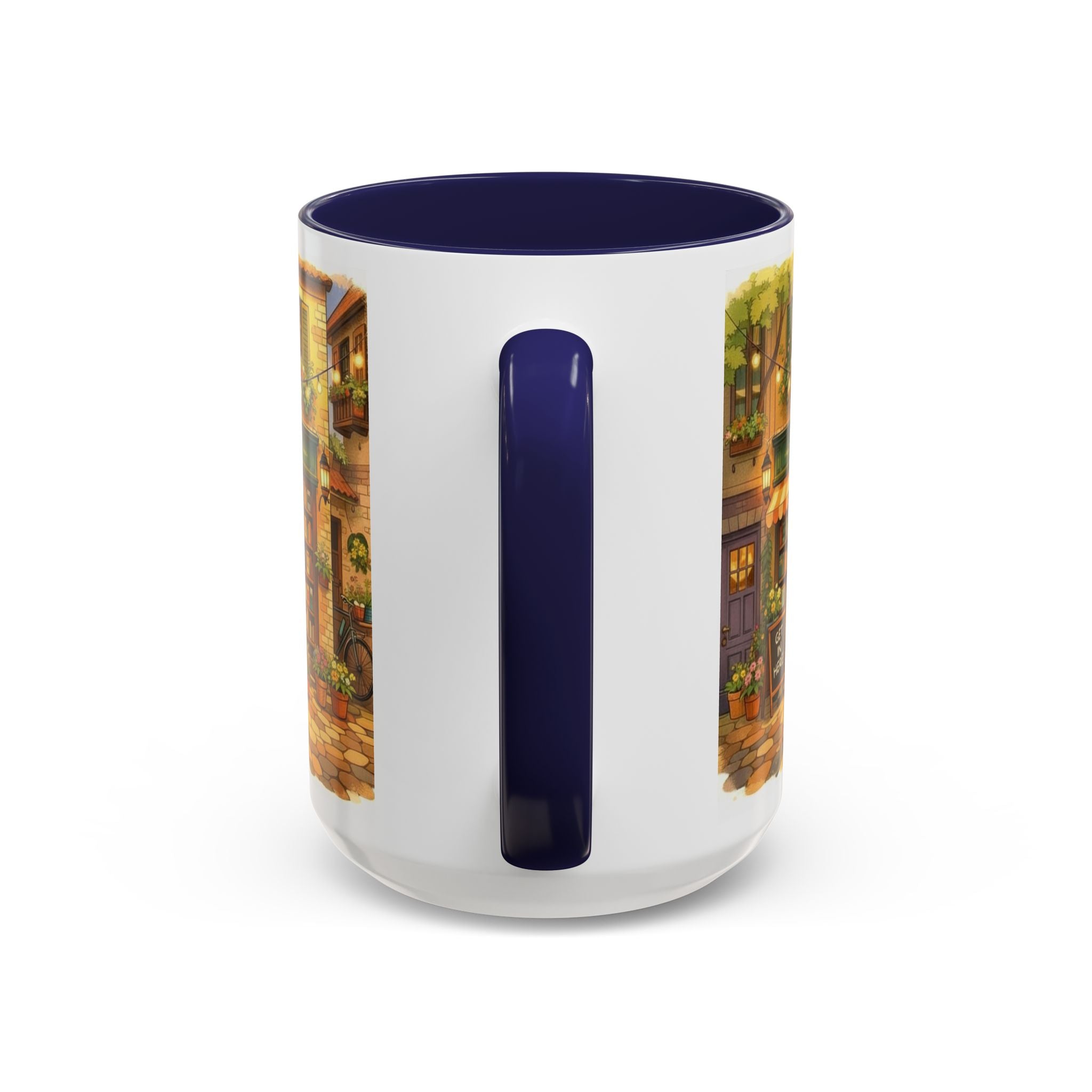 Bookshop Coffee Mug — Cozy Village Bookstore Illustration Accent Mug for Book and Dog Lovers (15oz)