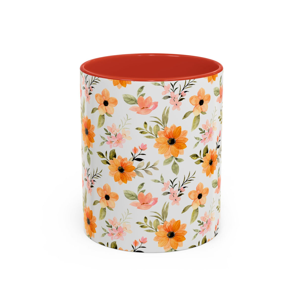 Floral Orange Watercolor Accent Mug — Bright Spring Coffee Cup (11/15 oz)