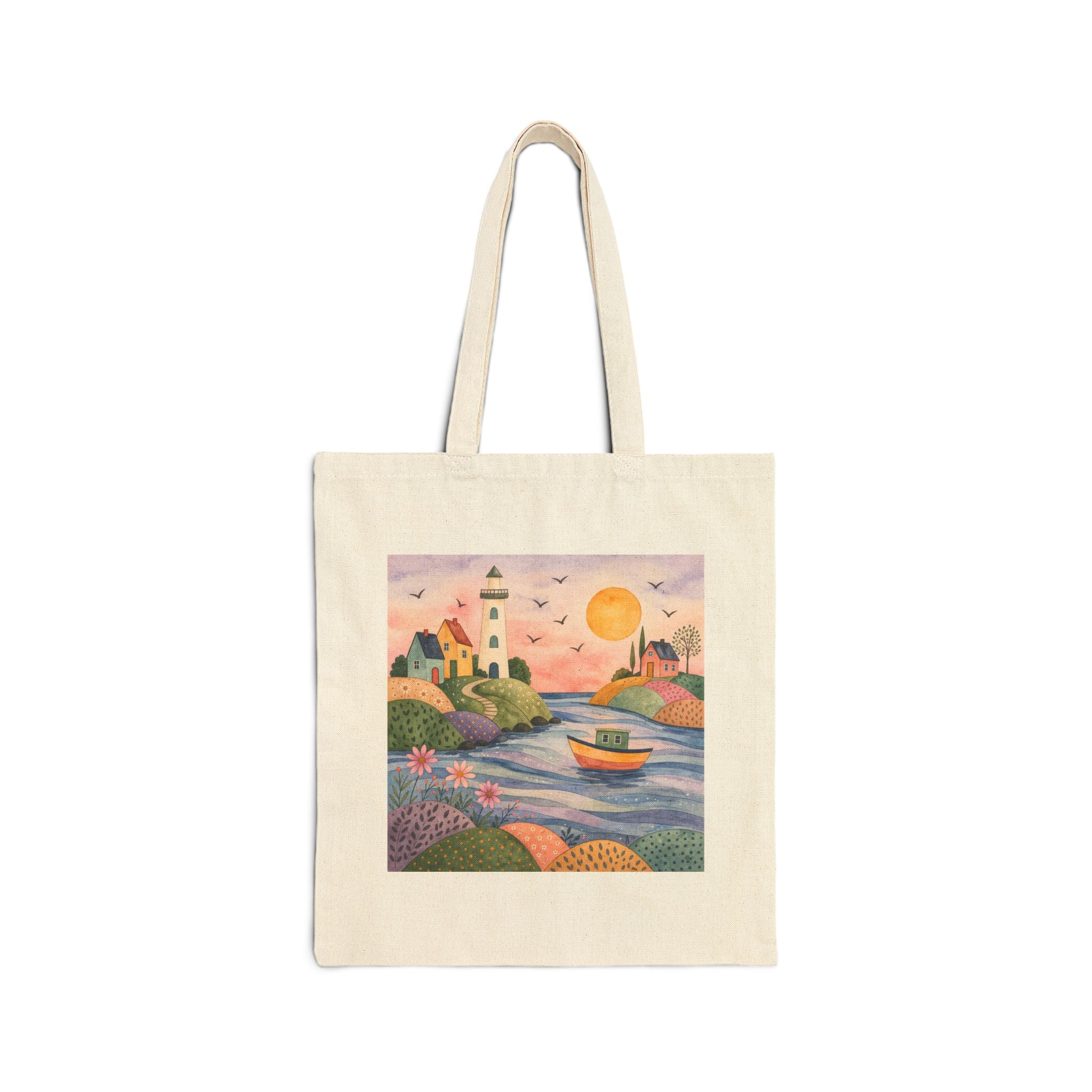 Coastal Sunset Canvas Tote — Scenic Lighthouse & Boat Beach Bag