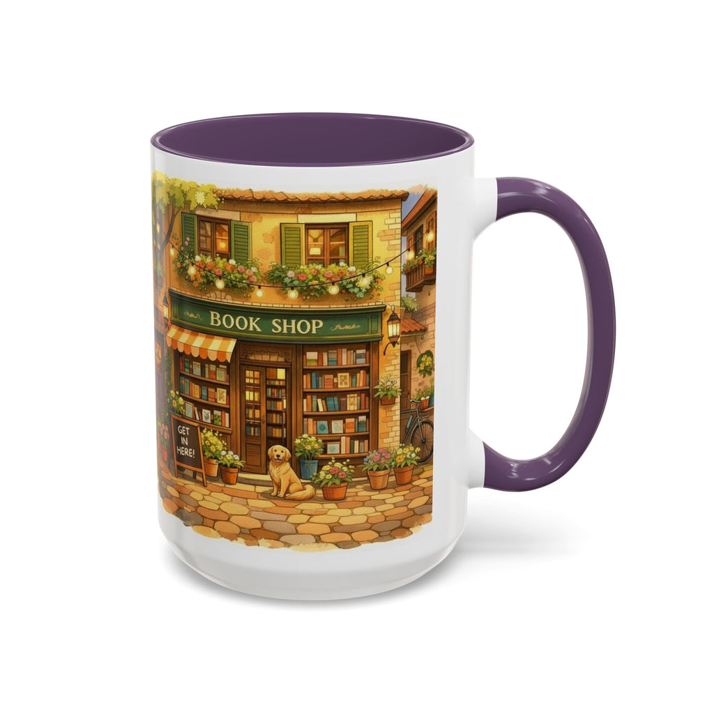 Bookshop Coffee Mug — Cozy Village Bookstore Illustration Accent Mug for Book and Dog Lovers (15oz)