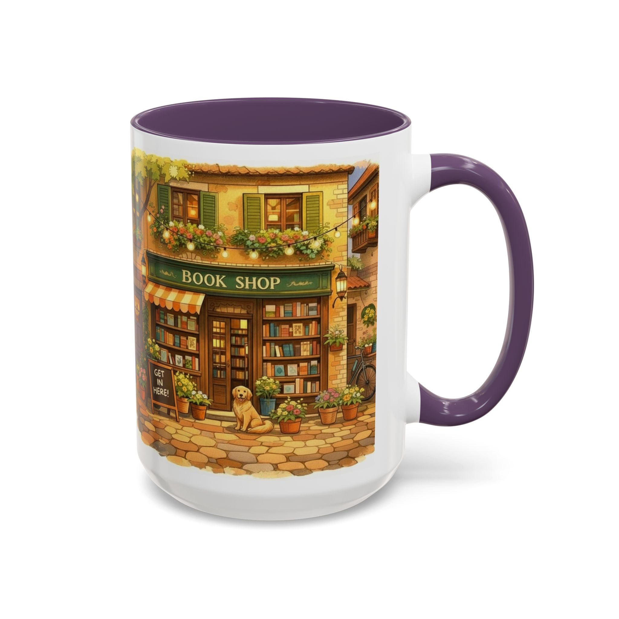 Bookshop Coffee Mug — Cozy Village Bookstore Illustration Accent Mug for Book and Dog Lovers (15oz)