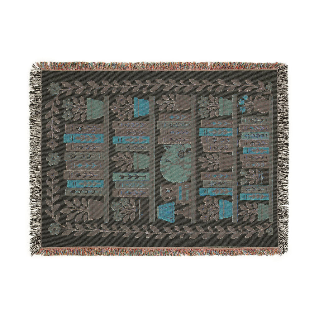 Library Bookcase with Cat Woven Throw Blanket — Cozy Reading Room Decor