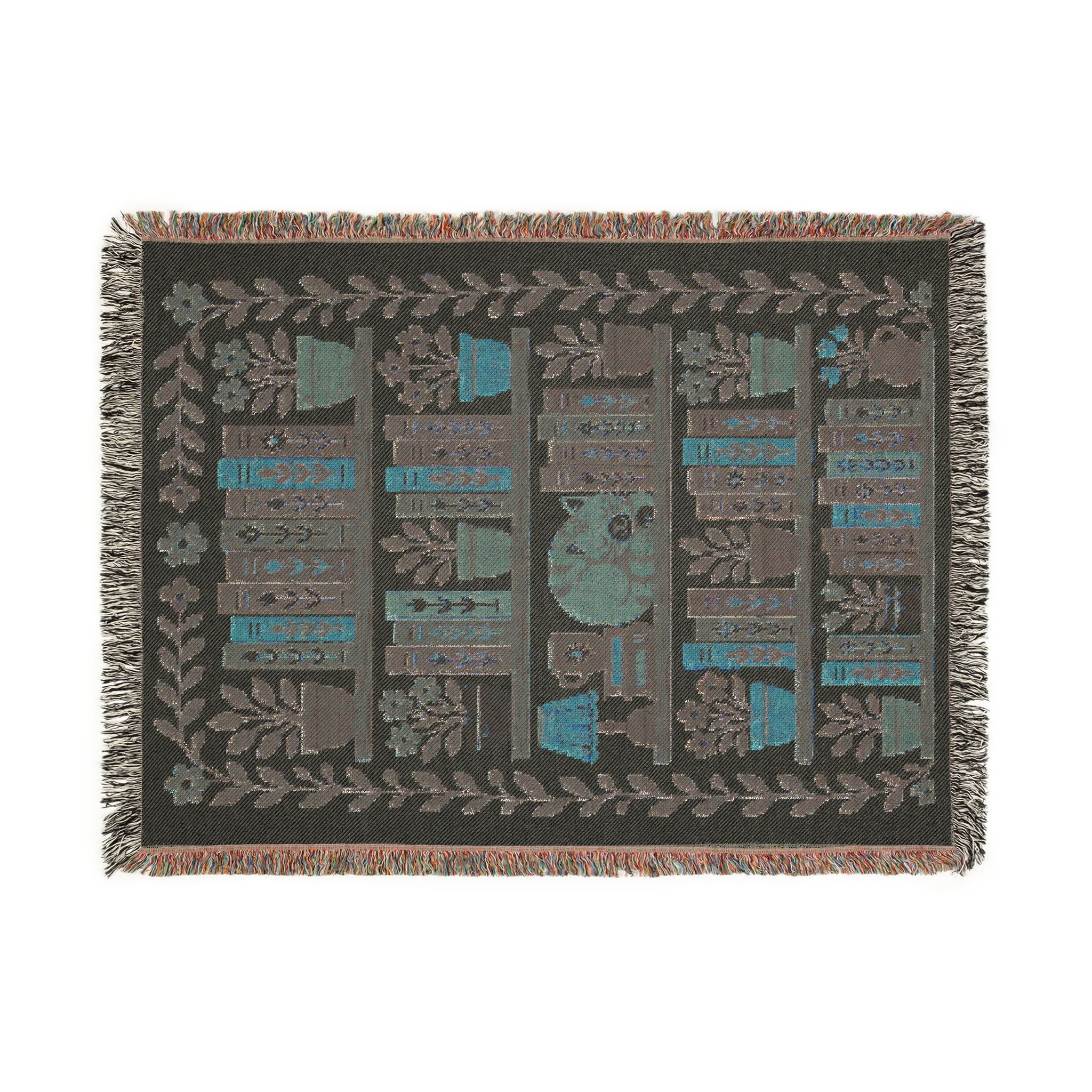 Library Bookcase with Cat Woven Throw Blanket — Cozy Reading Room Decor