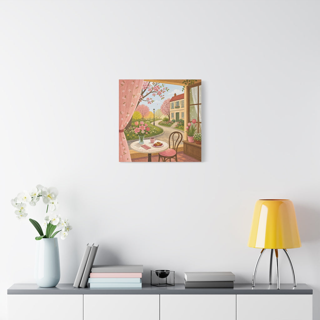 Spring Cottage Café Canvas Wall Art — Cozy Window Scene with Flowers and Pastries