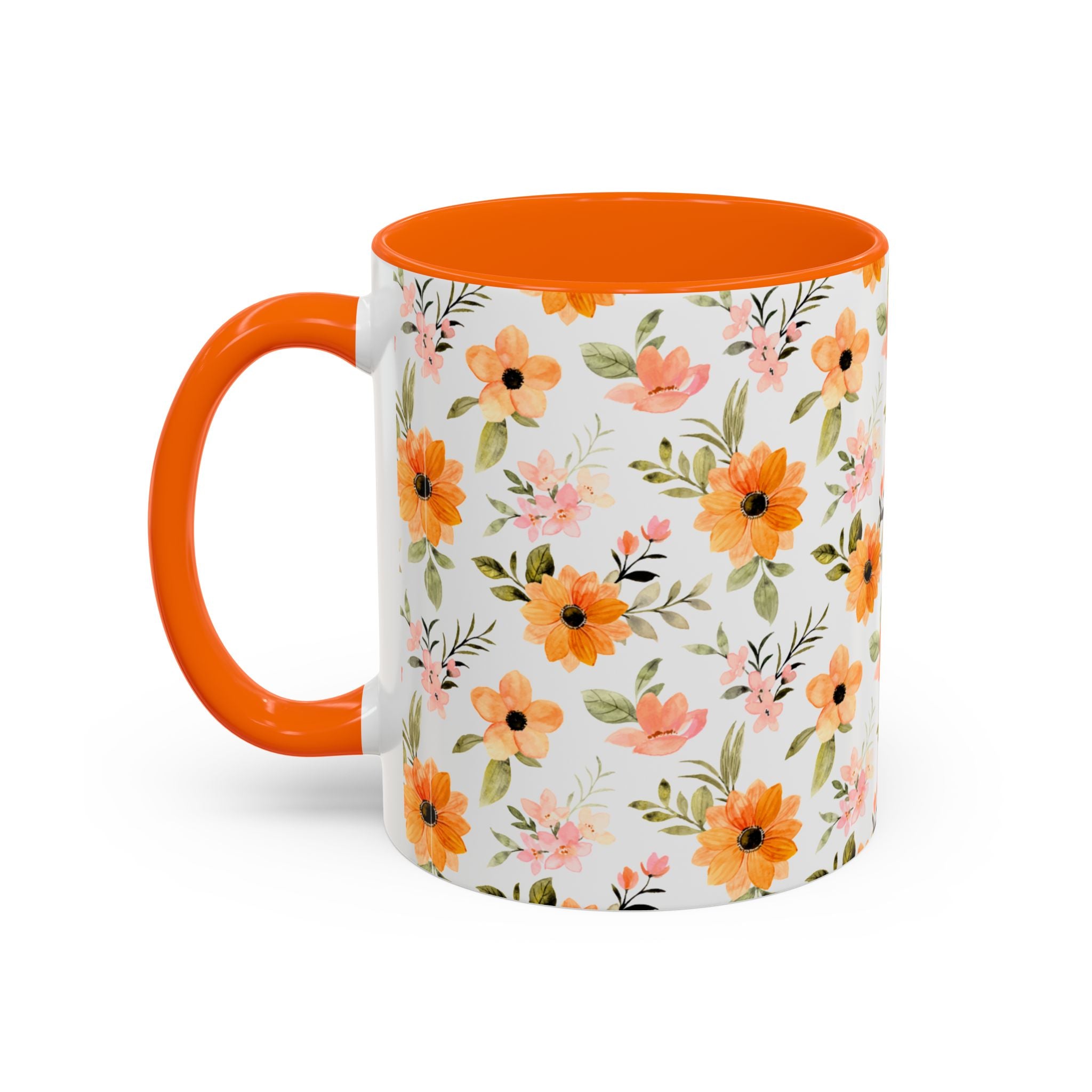 Floral Orange Watercolor Accent Mug — Bright Spring Coffee Cup (11/15 oz)