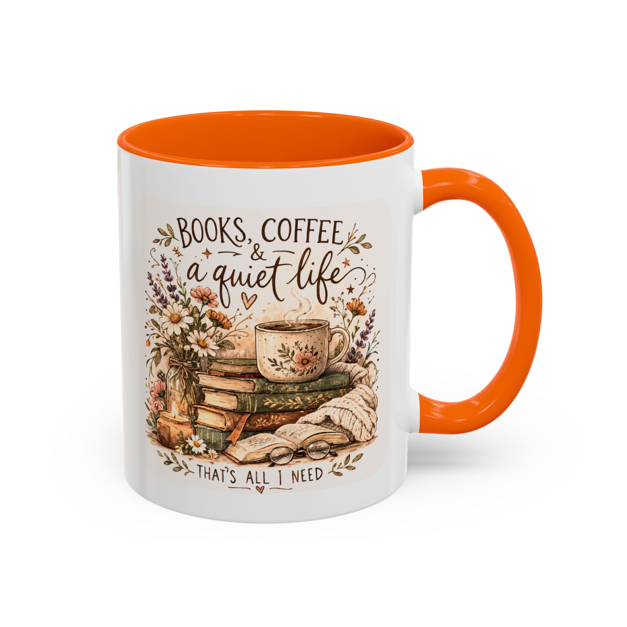 Books, Coffee & A Quiet Life Accent Coffee Mug — Cozy Literary Tea Cup (11/15oz)