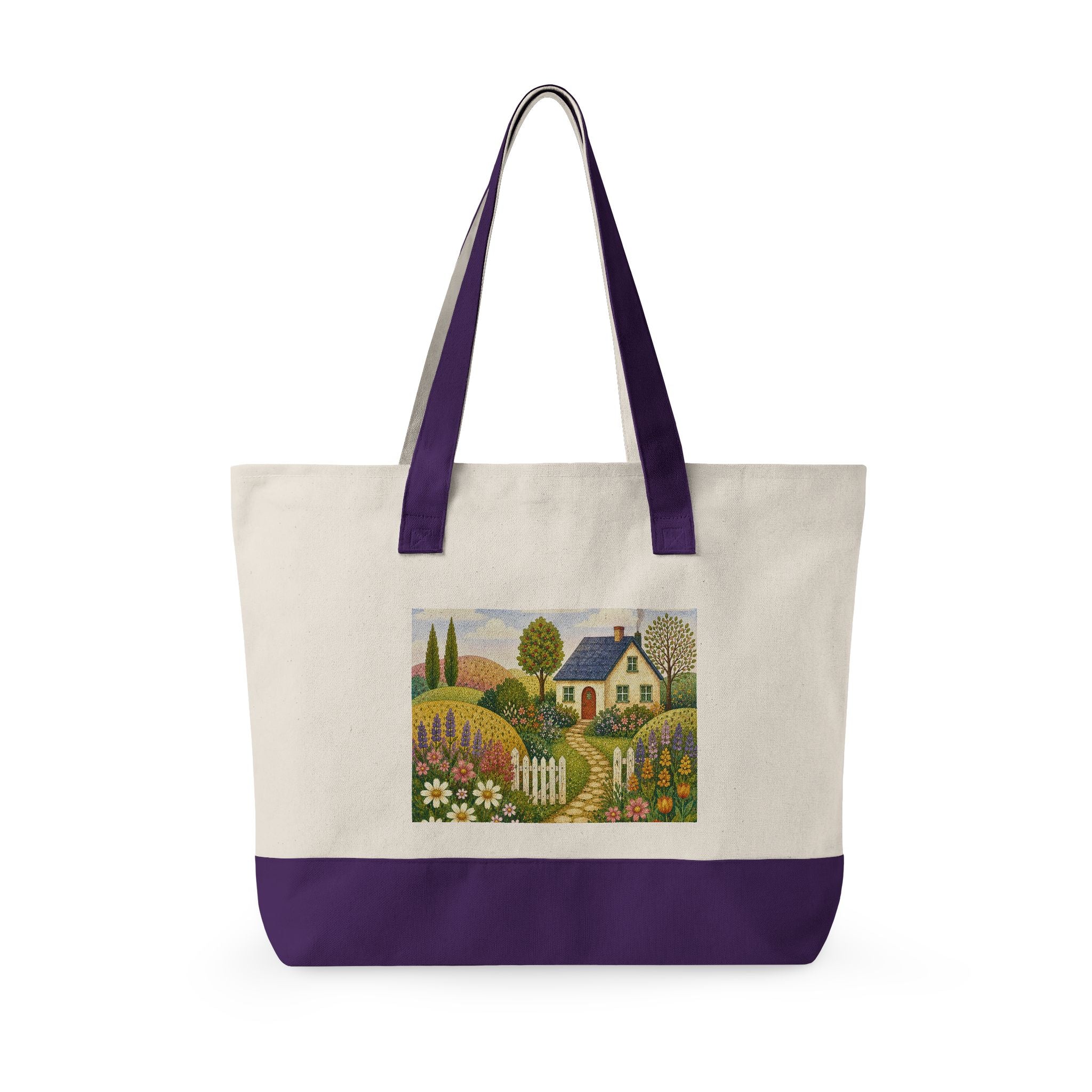 Canvas Tote Bag – Charming Cottage Garden illustration, Zippered Canvas Tote for Market, Beach & Everyday