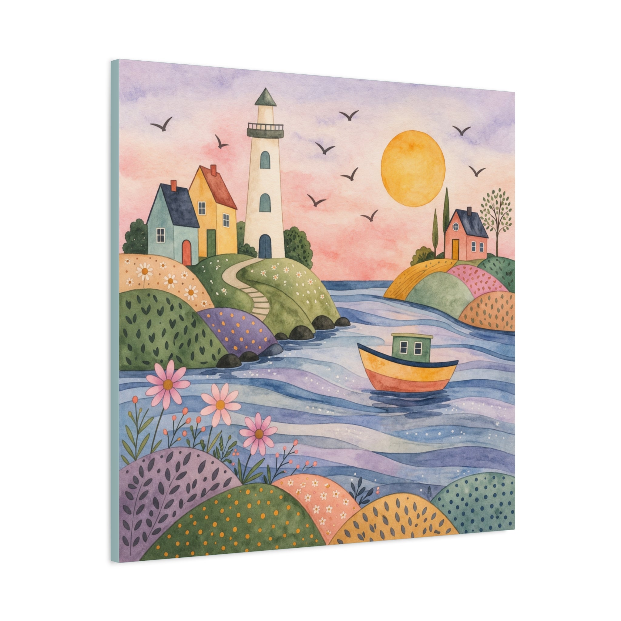 Coastal Lighthouse Art Canvas - Whimsical Seaside Watercolor Wall Decor