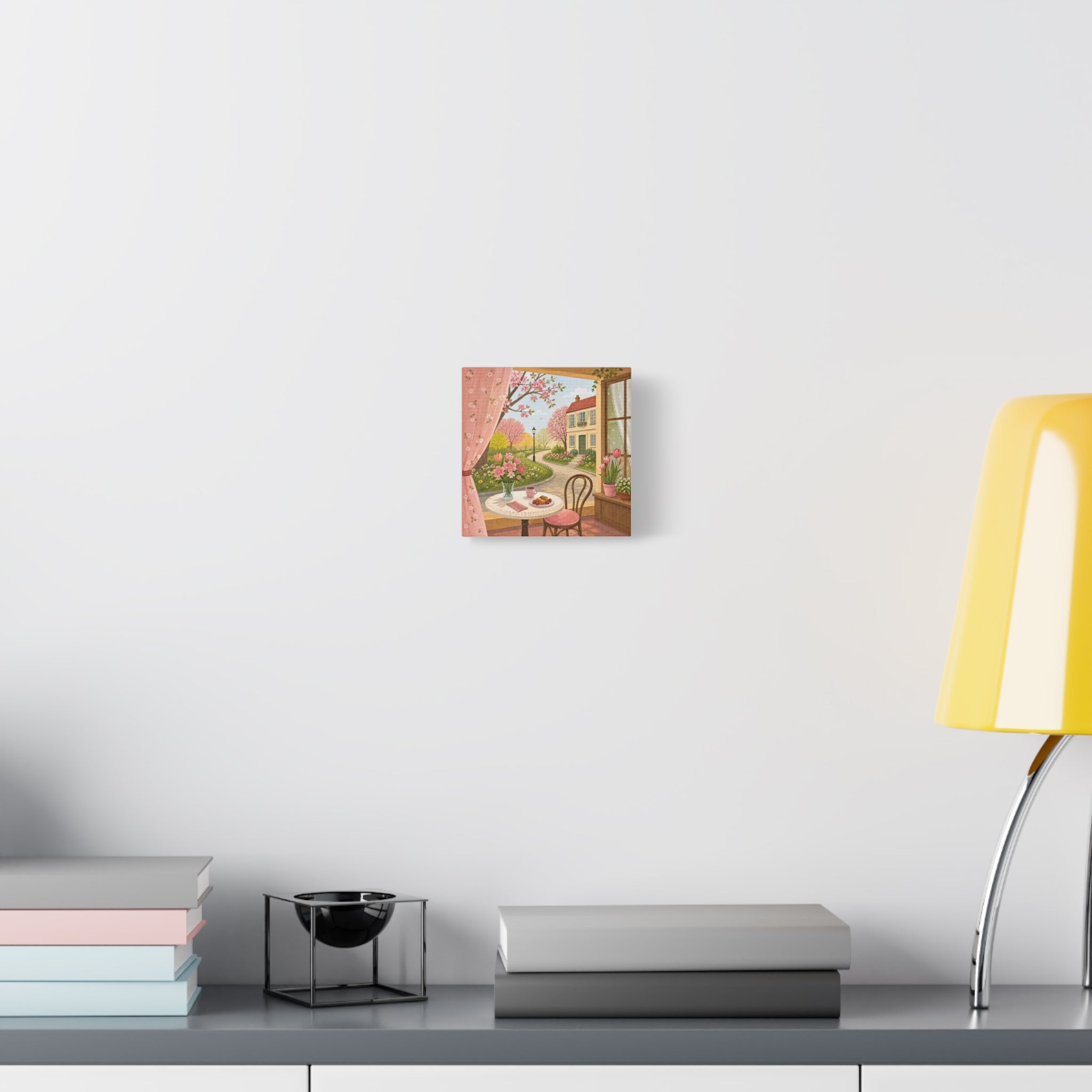 Spring Cottage Café Canvas Wall Art — Cozy Window Scene with Flowers and Pastries